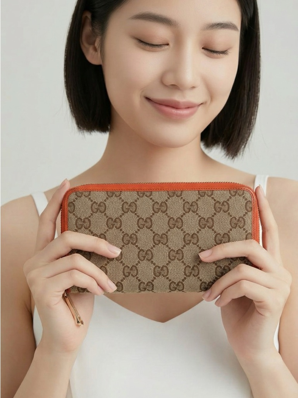 Authentic Gucci GG Supreme Zip Wallet in Beige with Orange Trim